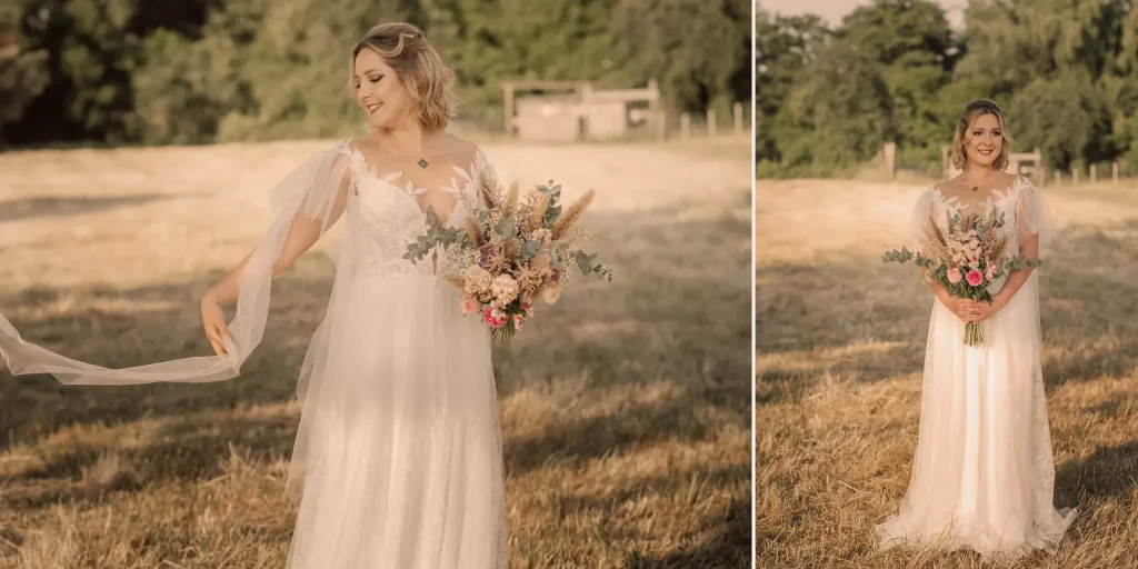 Braut im Boho-Brautkleid aus Tüll mit Brautstrauß