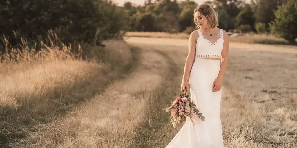 Braut in fließendem Brautkleid auf einem Feldweg