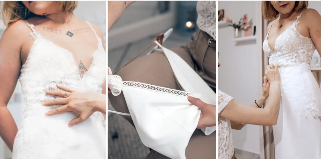 Details eines Brautkleids und Szenen aus der Anprobe im Atelier