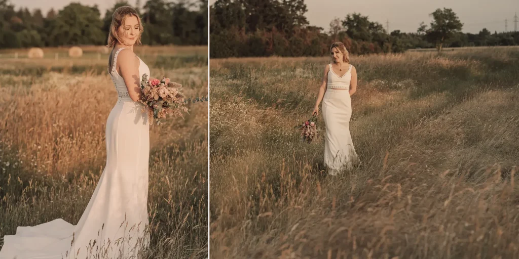 Brautkleid mit tiefem Rückenausschnitt und Schleppe auf einem Feld