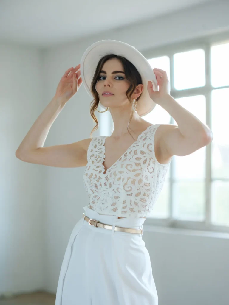 Braut im Vintage-Brautkleid mit breitkrempigem Hut